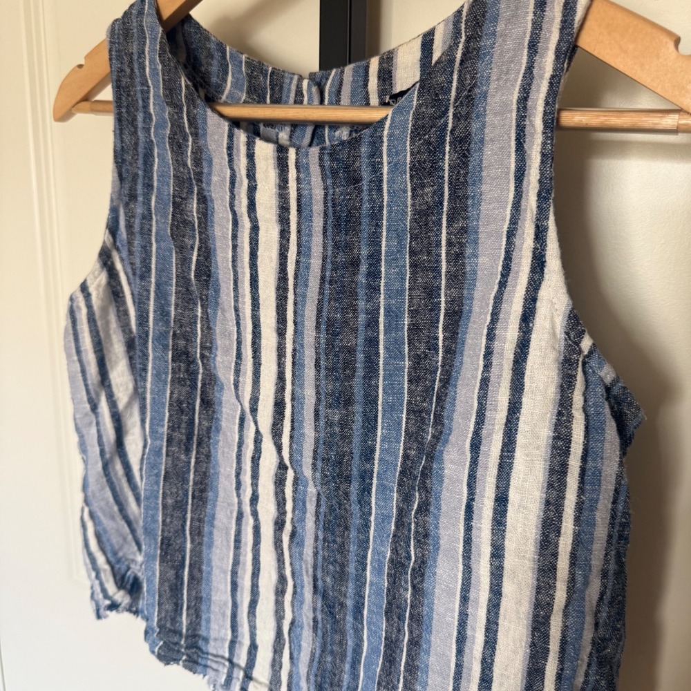 Drew Anthropologie Blue White Striped Linen Blend Button Back‎ Tank Top Medium - Picture 2 of 9